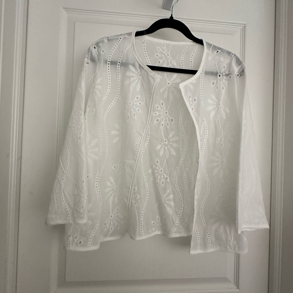 White Embroidered Open-Front Cardigan